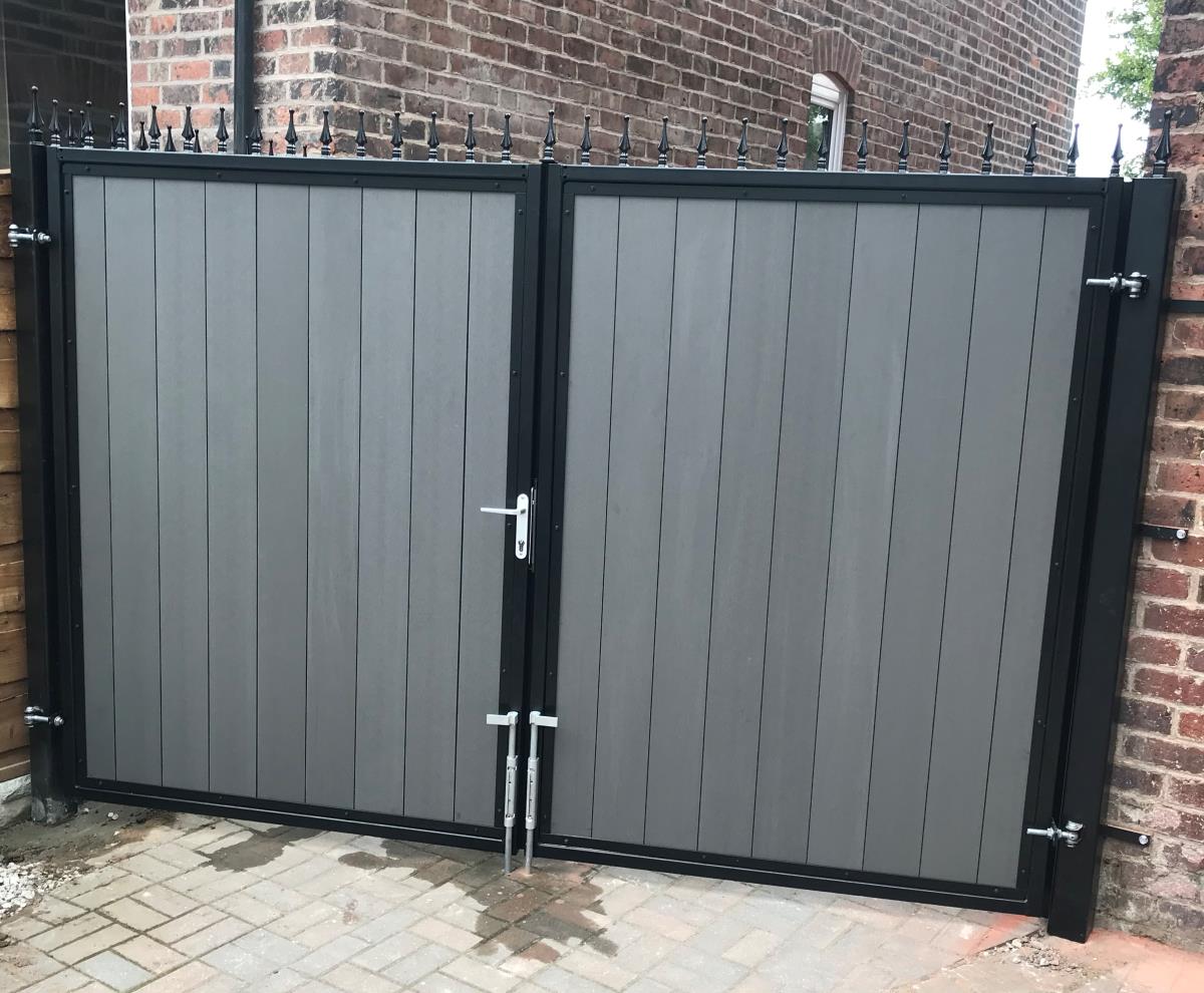 Grey composite infill gates and side gate fitted in the Wigan area.