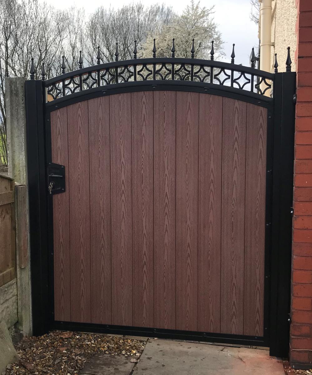 Steel framed gate with timber infill style composite wood effect fitted in Standish, Wigan.