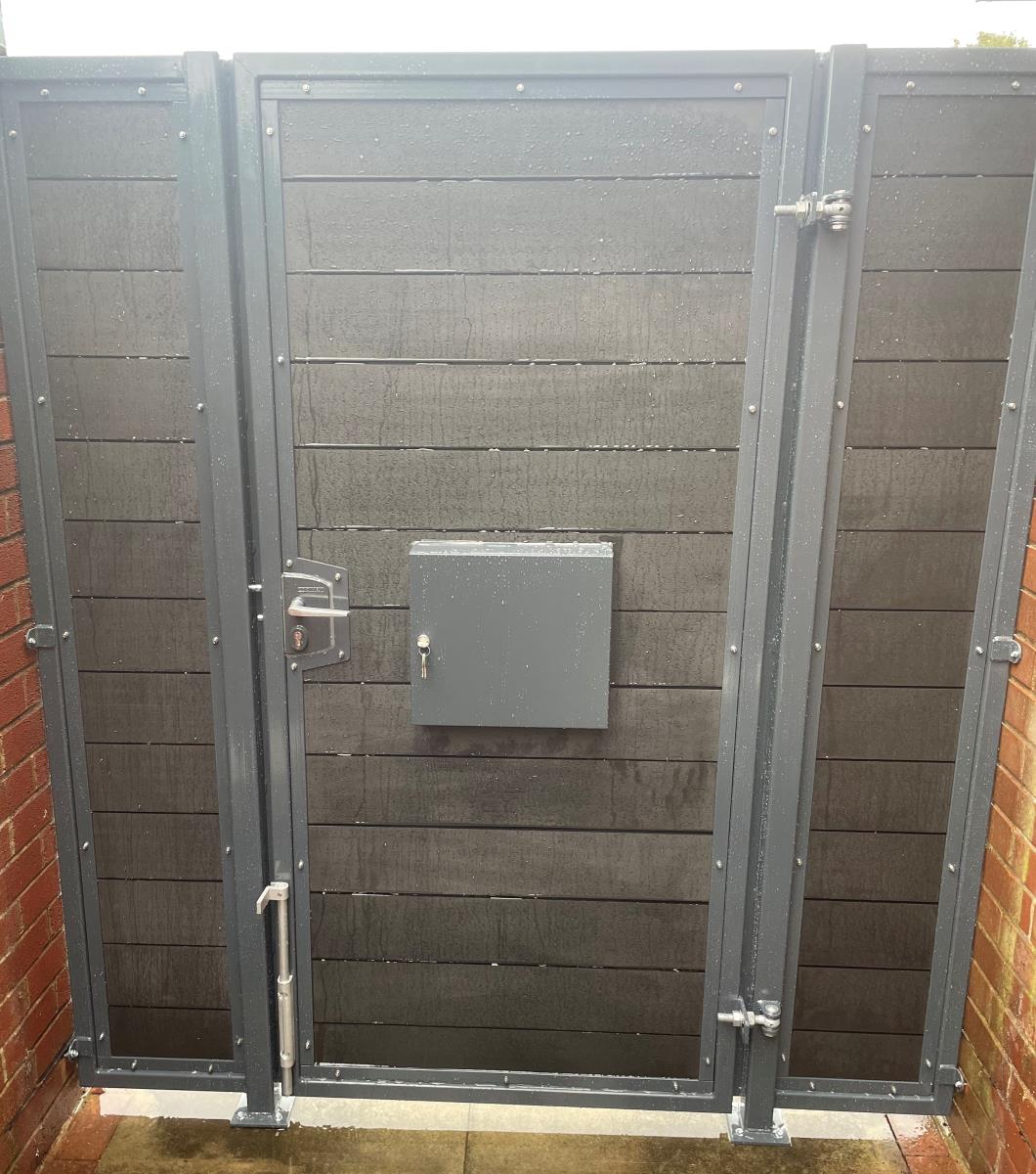 Composite gates fitted in the Ormskirk area, featuring integral handles, locking and letterbox.